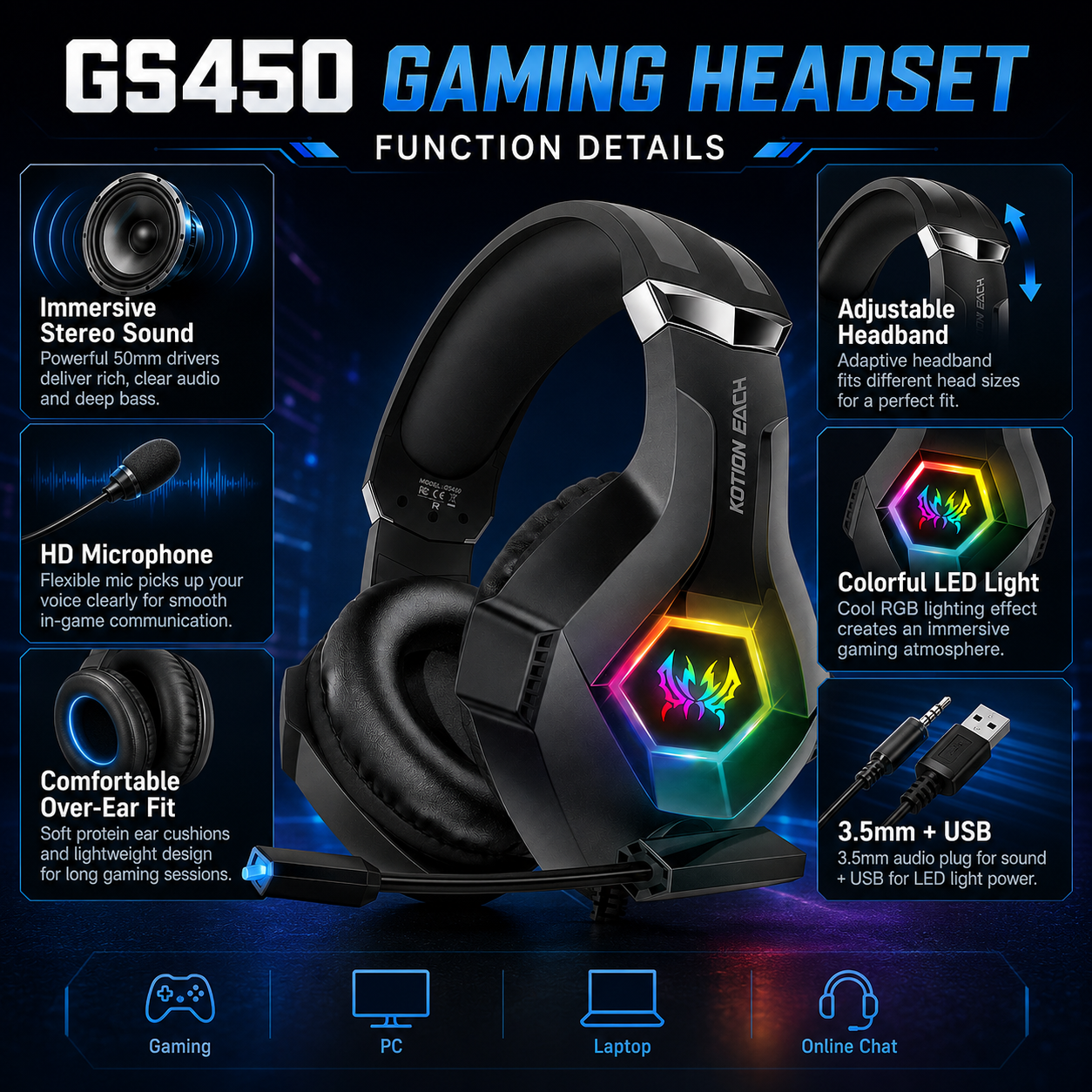 GS450 Wired Gaming Headset RGB - Gaming Headset Rgb avaliação e preço